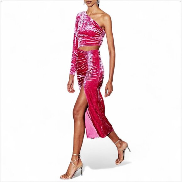 Saylor Niamh Pink Stretch Velvet Asymmetrical Side Cut Out Midi Dress NWT New XS - Picture 3 of 9